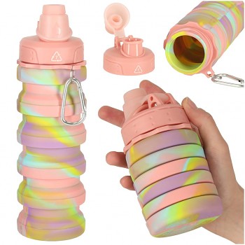 Láhev na vodu silikonová skládací láhev s rukojetí BEZ BPA 500ml duhová